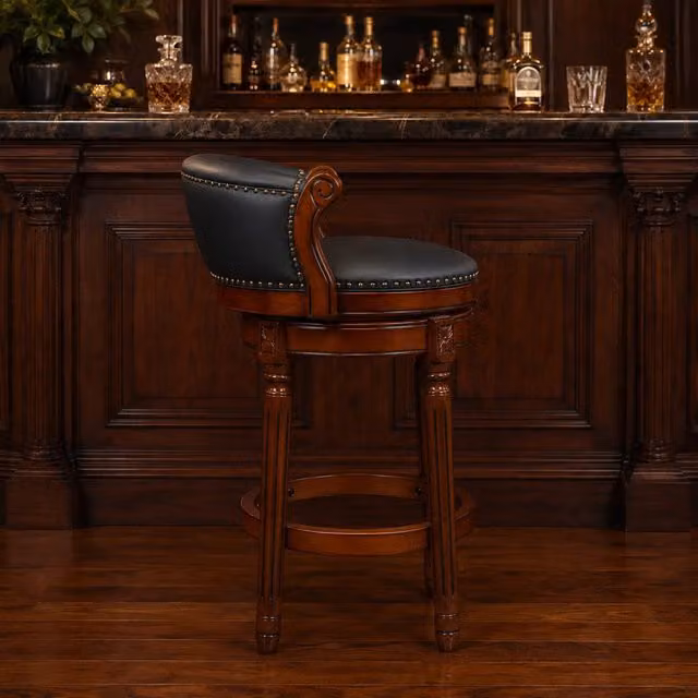Sgabello da bar girevole 55x55x34 cm con schienale curvo in pelle e legno blu