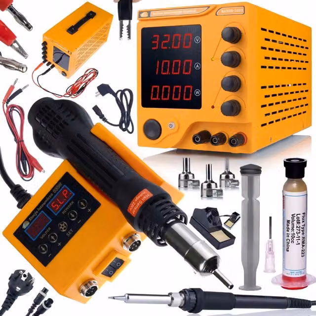 Kit da Laboratorio Rosfix con Alimentatore AmpRush RARES-3210 32V 10A, Stazione Saldante 2in1 Husky OH660 Hot-Air e 900M Arancione e Flux