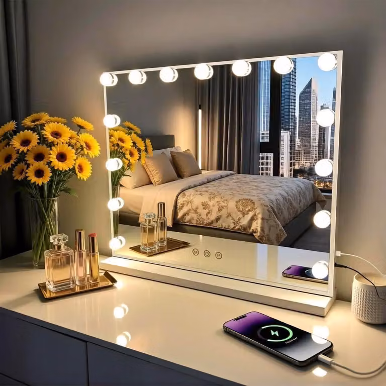 Specchio da trucco con 15 LED dimmerabili, 3 modalità di colore, ingrandimento 10x, colore bianco