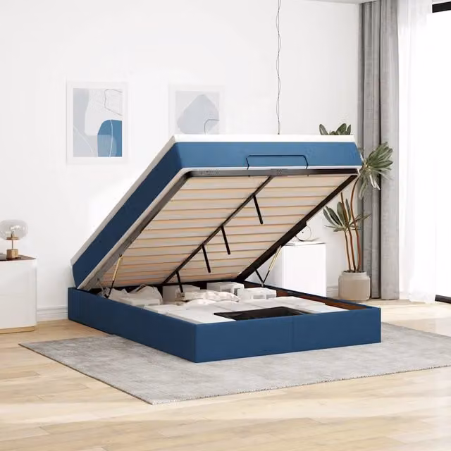 Letto con contenitore a sollevamento vidaXL in tessuto blu e bianco L 140 cm x P 200 cm x H 203 cm
