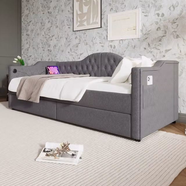 Letto da giorno 90x200 cm con USB C; USB e 2 cassetti; tessuto grigio