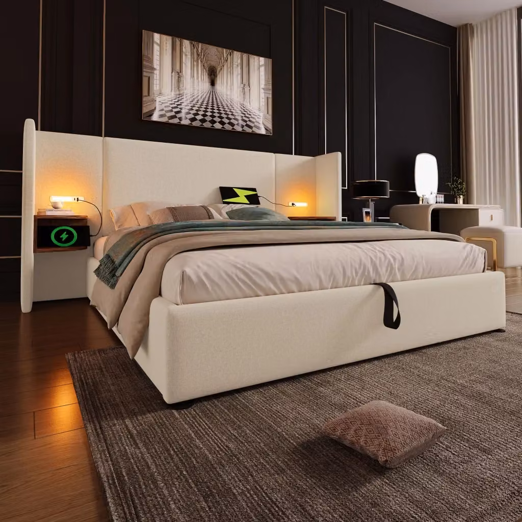 Letto Contenitore Matrimoniale Moderno Beige con Mensola, Luce da Lettura e Porte USB/Tipo C, L/P/H: 160 x 200 x 104 cm – 2