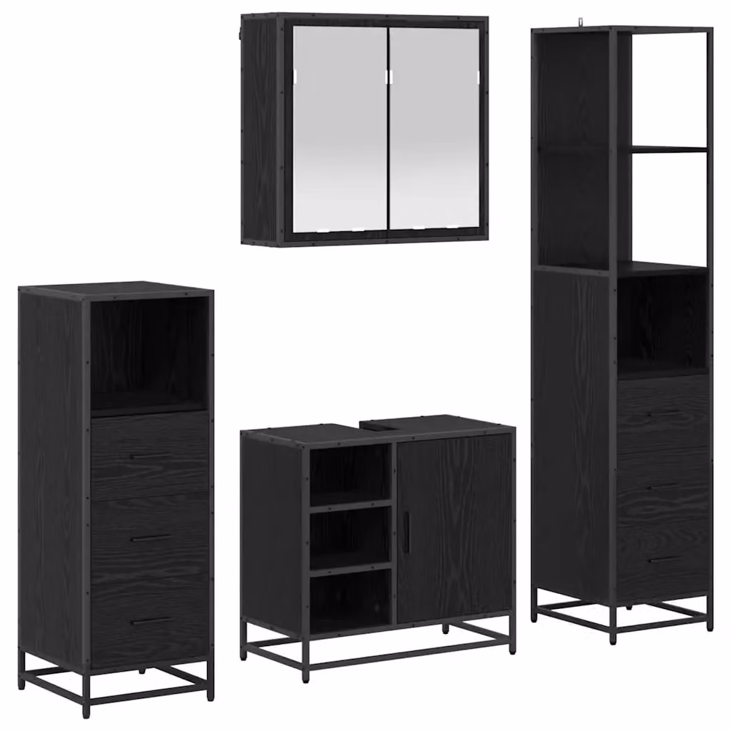 Set di mobili per il bagno moderno vidaXL 4 pezzi in rovere e nero con armadietto a specchio, mobile lavabo, mobile laterale e colonna alta L/P/H: 65 x 33 x 166 cm – 2