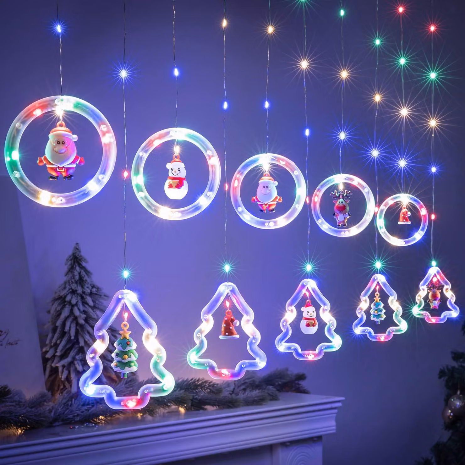 Tenda luminosa da 3 metri, 120 LED, a forma di anello e albero di Natale, alimentazione USB, con telecomando