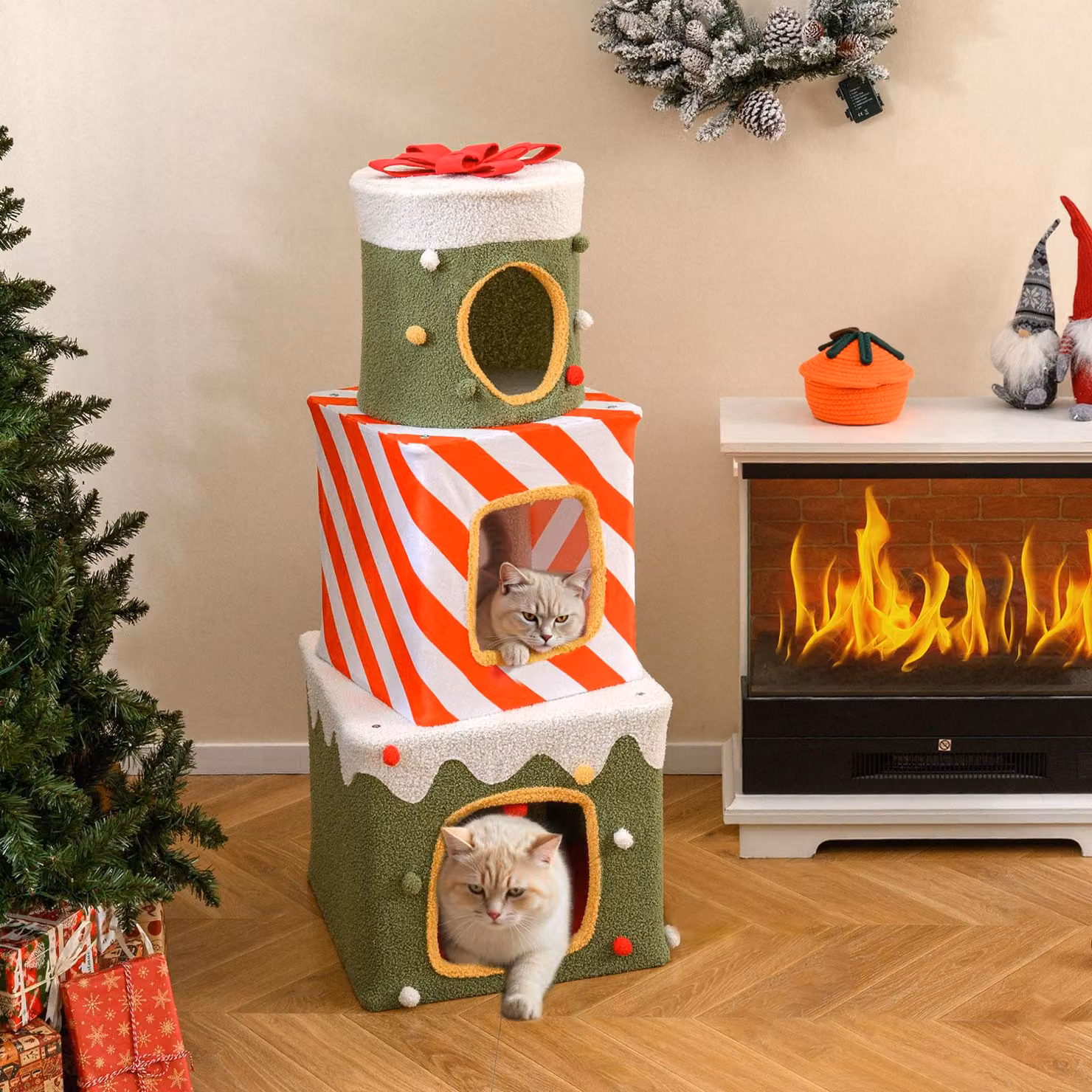 COSTWAY Caverna per gatti a 3 livelli, 120 cm, scatole regalo impilabili con neve, fiocco e palla, casa per gatti in peluche, letto per gatti