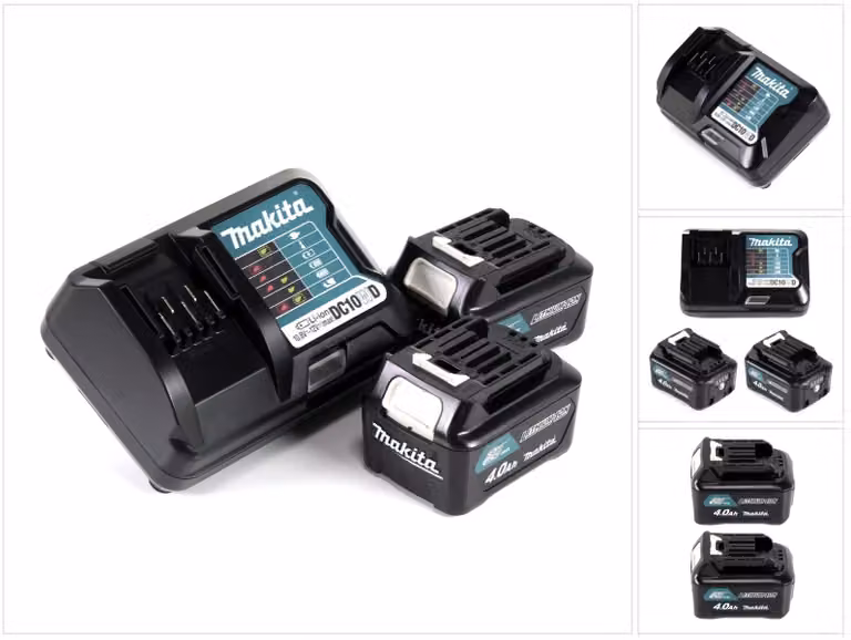 Kit alimentatore Makita 12 V con 2 batterie BL1041B da 4,0 Ah + caricabatterie DC10WD