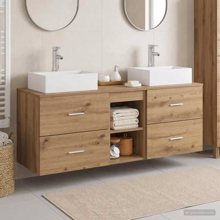 Set di 3 mobili da bagno moderni vidaXL in legno color rovere marrone con cassetti e ripiani, sospesi a parete