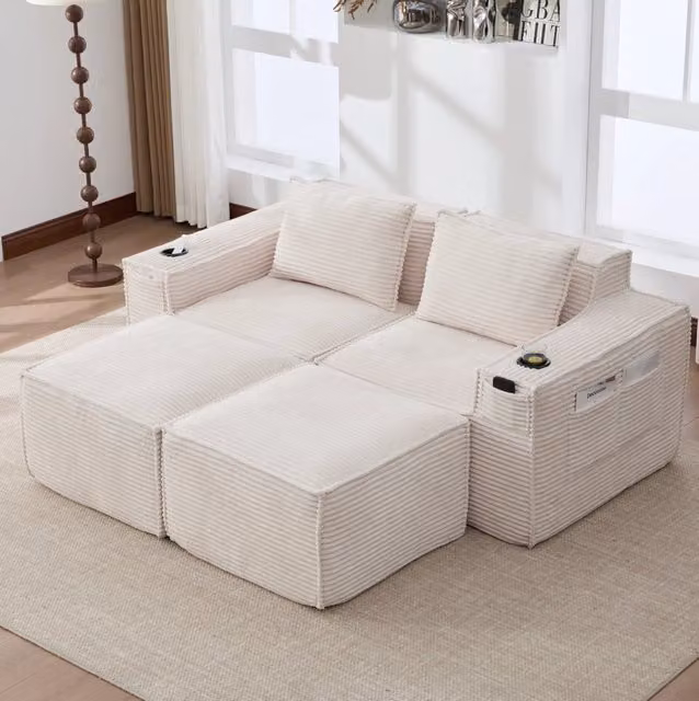 Divano modulare ULEVR 188x162x75 cm con portabevande e tasche laterali, rivestimento in velluto a coste beige