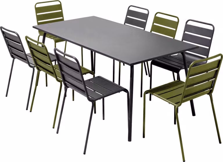 Tavolo da giardino e 8 sedie in metallo Verde kaki - Oviala Palavas