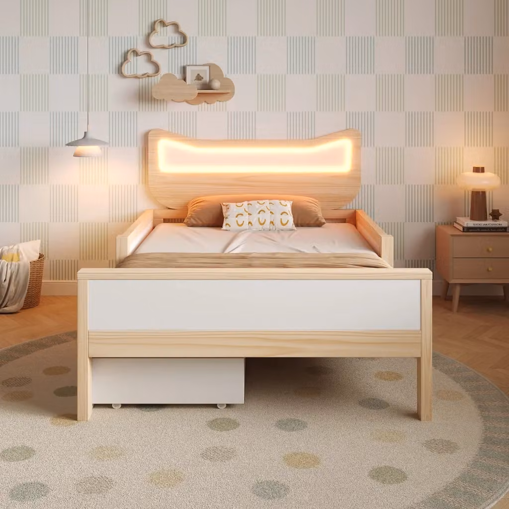 Letto bambino Chicfurn con testiera a forma di gatto, illuminazione LED regolabile, cassetto e vani contenitore, bianco e marrone, L/P/H: 190 x 90 x 96,5 cm – 2