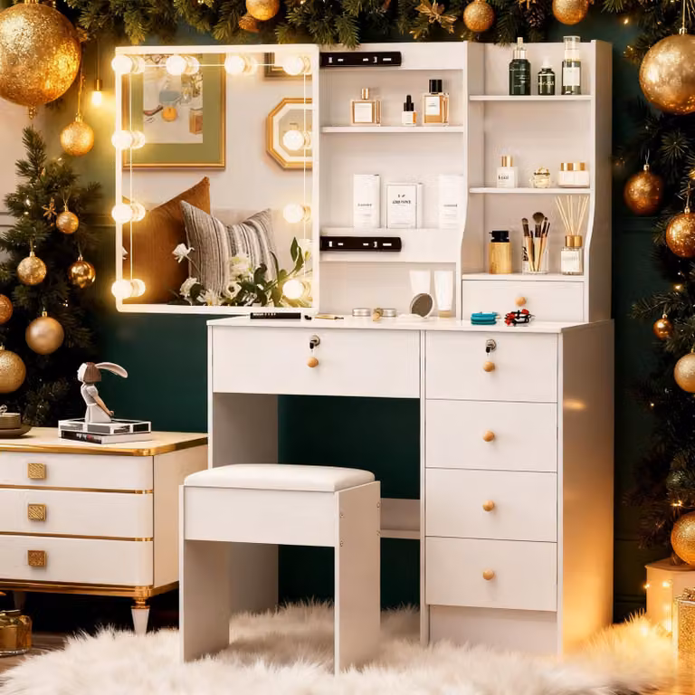 Comò con specchio a LED - Bianco - 80 cm di larghezza - MDF