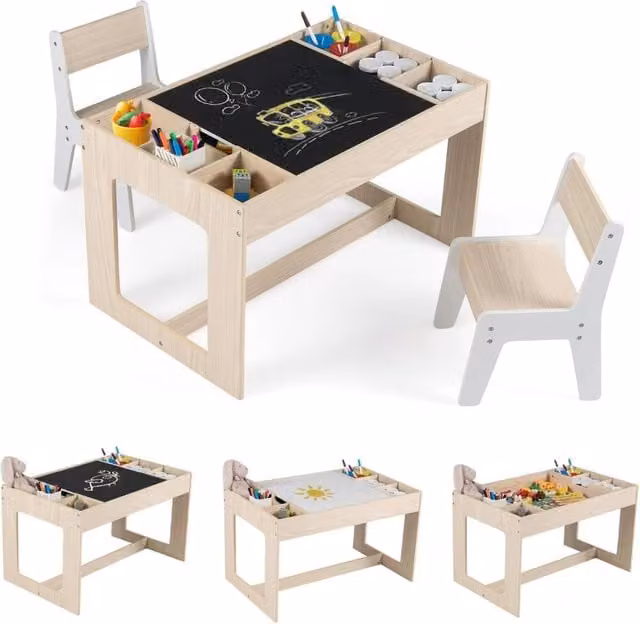 Set Tavolo e 2 Sedie per Bambini Costway in Legno e MDF con Piano Reversibile Lavagna Bianca e Nera e Compartimenti Laterali Naturale – 1