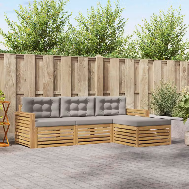 Set di divani da esterno a L vidaXL in legno di acacia con pouf e cuscini, Bianco e Grigio