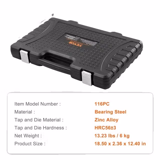 Set di filettatura e foratura, 116 pezzi, incluse misure metriche e SAE, 116PC metrici SAE
