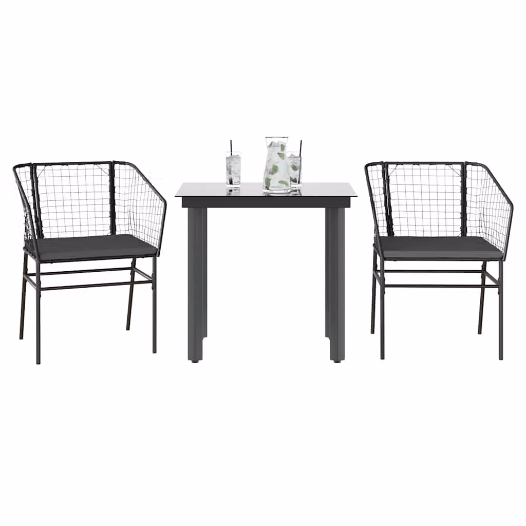 Set da Pranzo da Giardino vidaXL in Polyrattan con Cuscini e Tavolo in Vetro, 3 Pezzi, Grigio e Nero