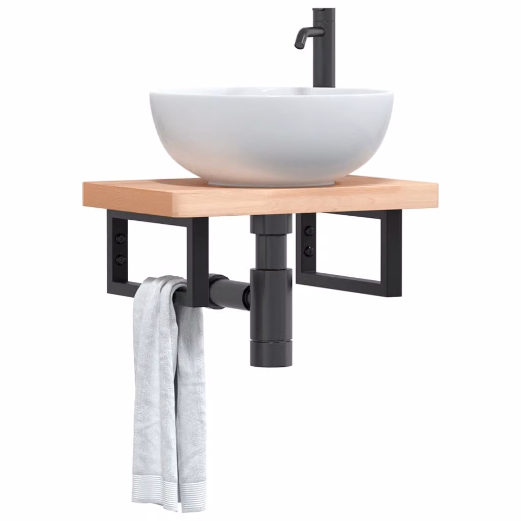 vidaXL Ripiano a Parete per Lavabo in Faggio e Metallo, Nero e Marrone, L: 50 cm, P: 35 cm, H: 19 cm