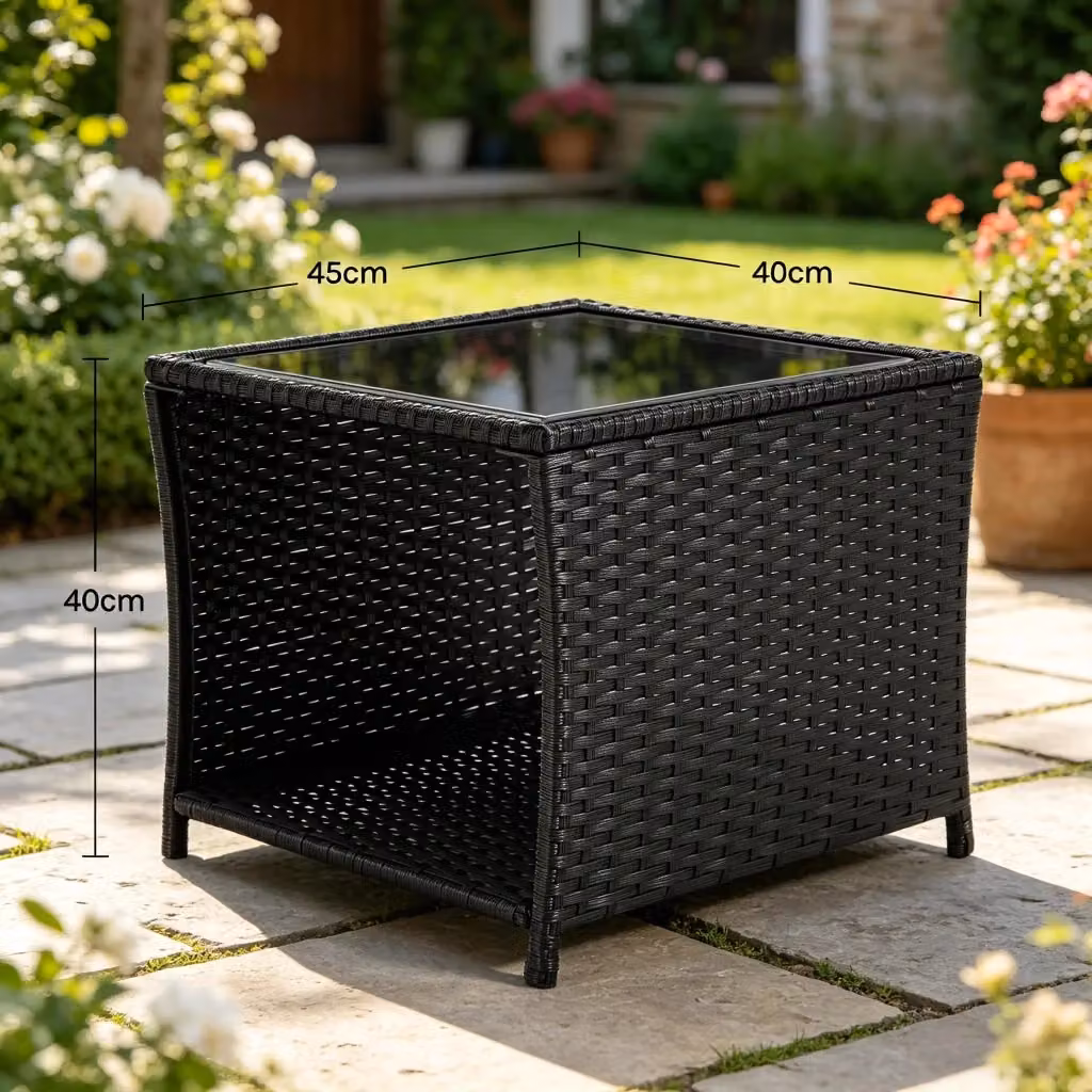 Tavolino da caffè quadrato Komhtom in polyrattan nero con piano in vetro e contenitore per cuscini per giardino e patio – 2
