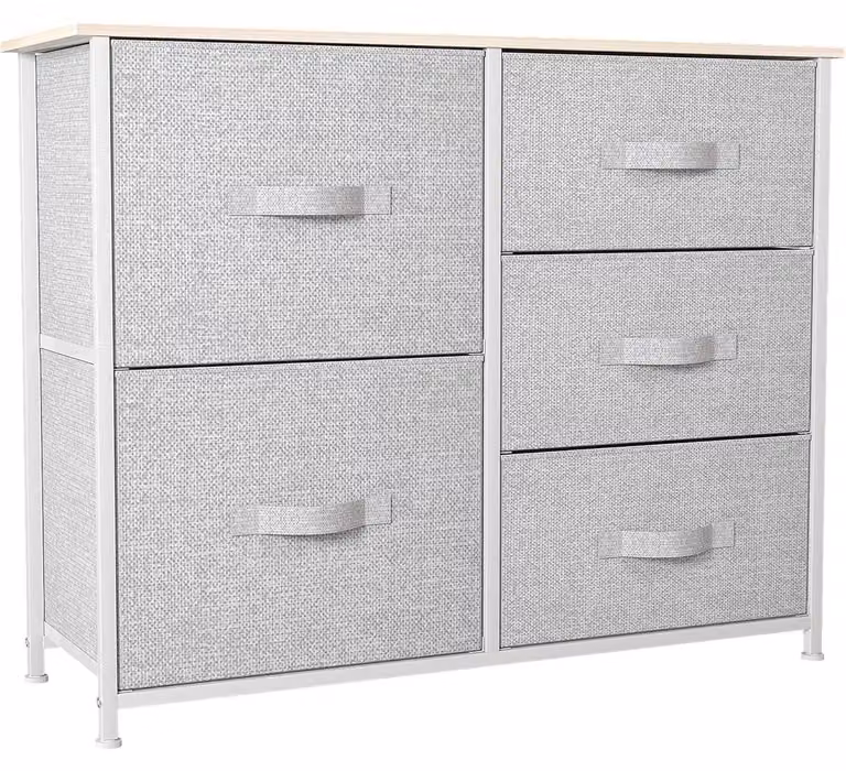 Comodino con 5 cassetti rivestiti in tessuto, colore grigio chiaro, dimensioni 85 x 30 x 70 cm