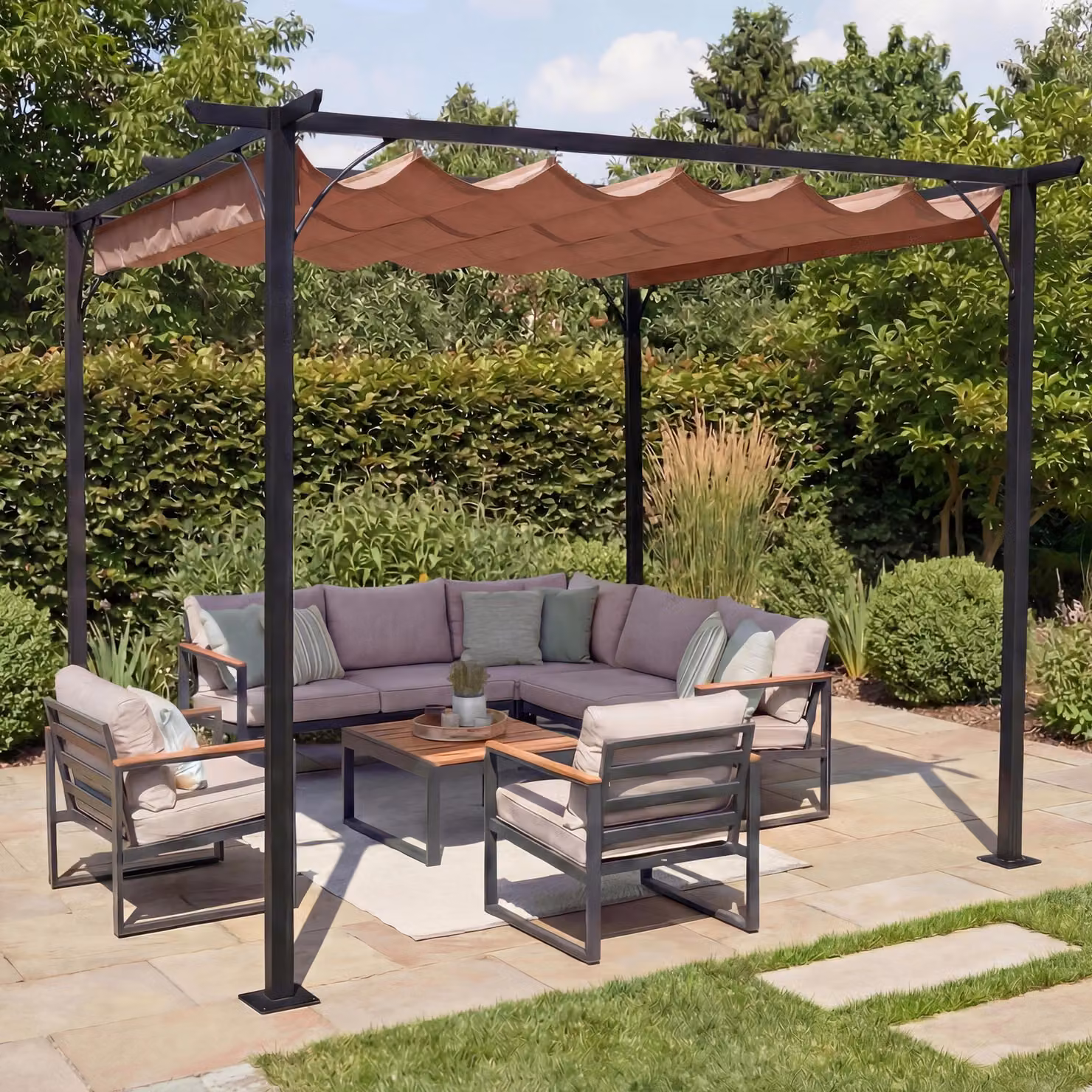 Pergola MCW-C42, gazebo da giardino, robusta struttura da 6 cm + tetto scorrevole ~ 3,5x3,5 m, color taupe-marrone