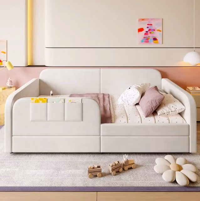 Letto singolo imbottito per bambini 90x200 cm con 2 cassetti e tasche; velluto bianco