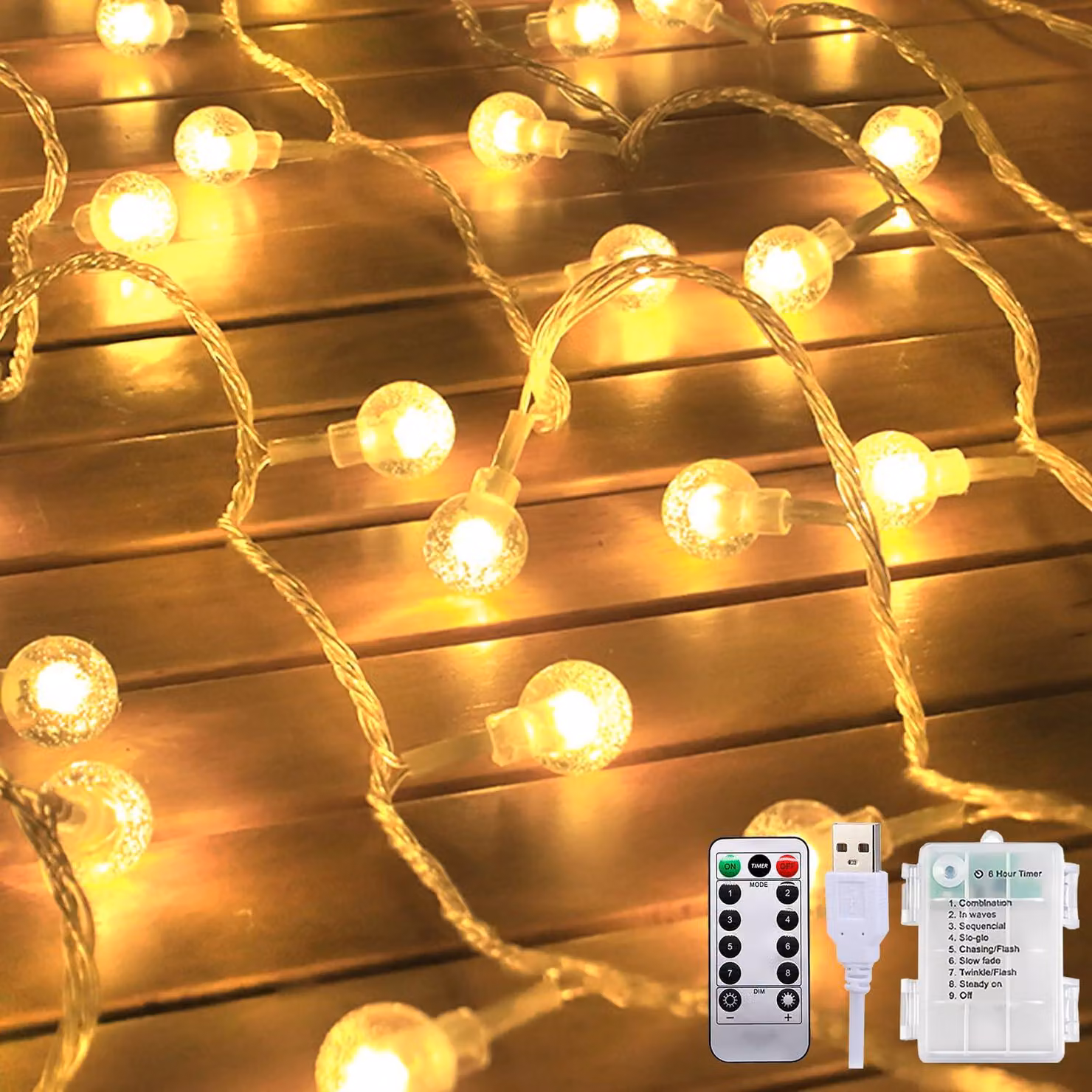 Catena luminosa a LED, 12 metri, 100 LED a forma di cristallo, luce bianco caldo, grado di protezione IP44, con telecomando