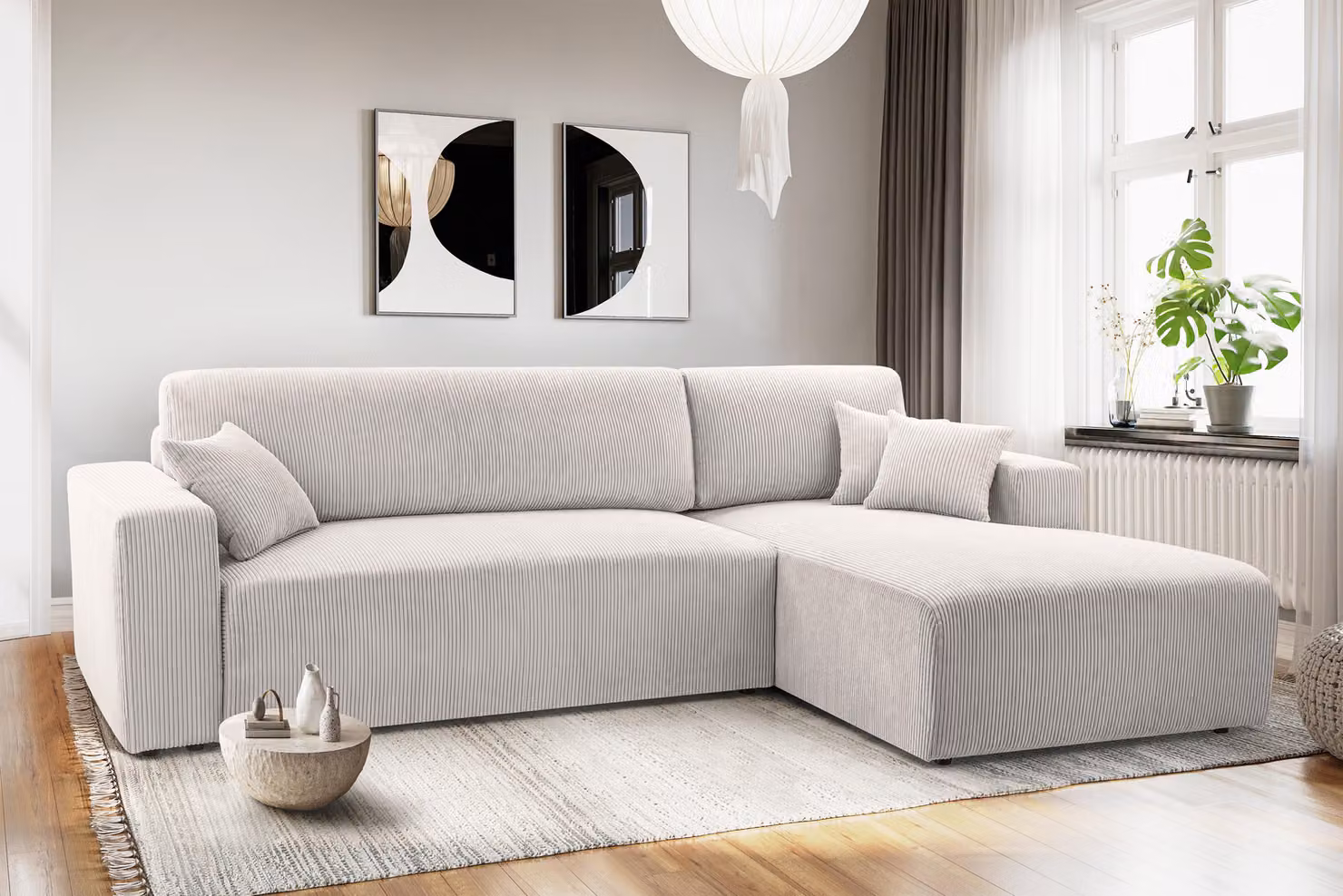 AX LIVING Catea divano angolare bianco con funzione letto R divano angolare 279cm con box letto