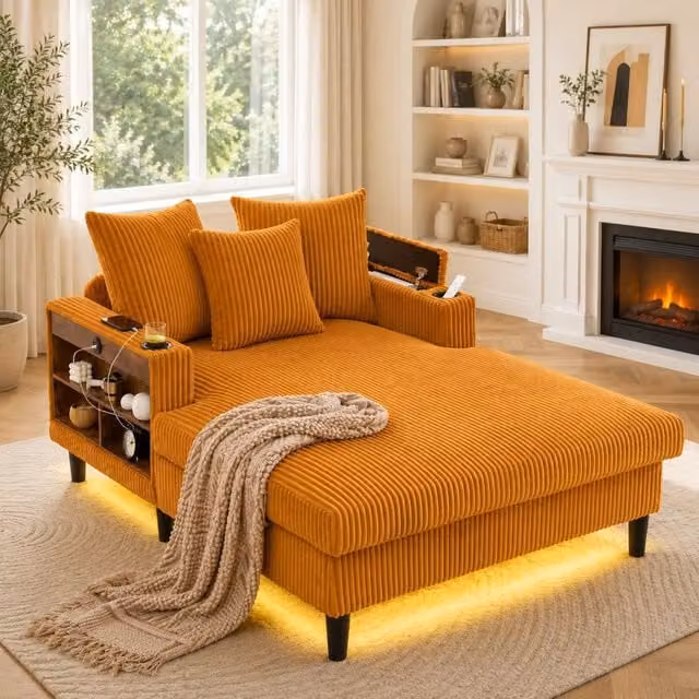 Chaise longue in velluto a coste 129 x 170 x 70 cm; LED multicolore; porta USB e contenitore; giallo senape