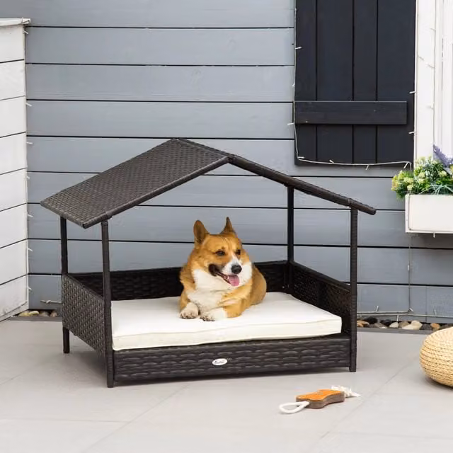 Desviae Cuccia per cani con tetto in rattan PE e telaio in acciaio marrone per giardino terrazza balcone 98 × 69 × 73 cm