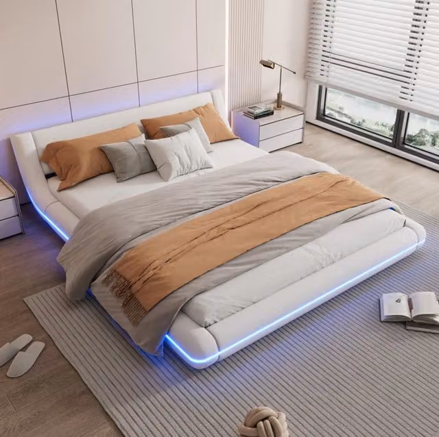 Letto a pavimento 160x200 cm bianco in PU con luci LED regolabili