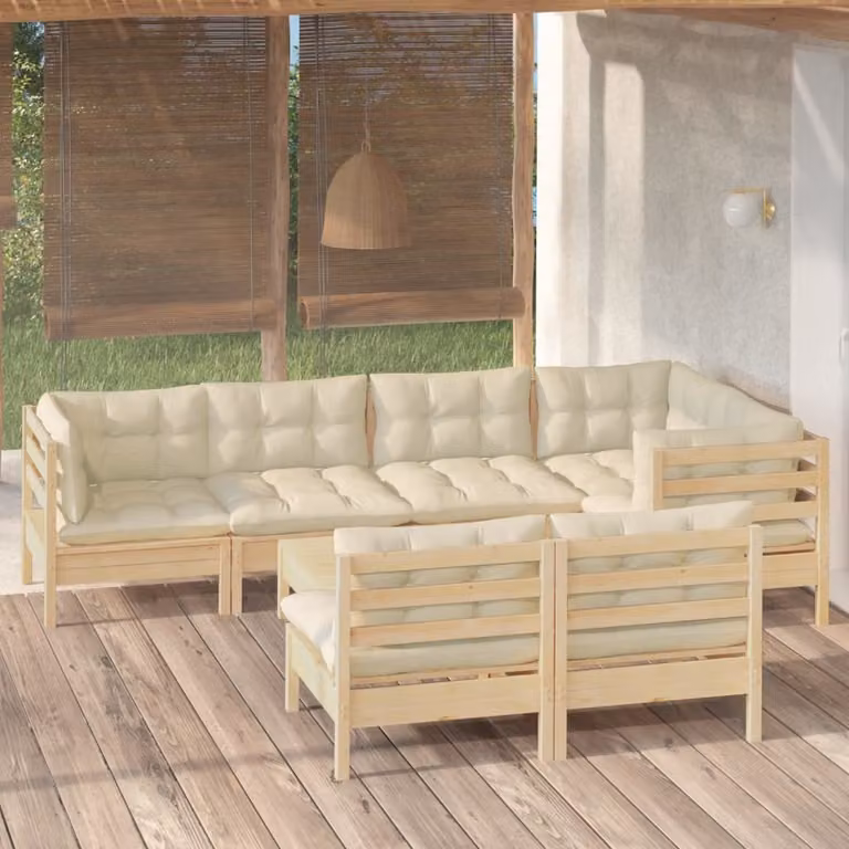The Living Store Set da giardino da 8 pezzi con cuscini crema in legno di pino massiccio