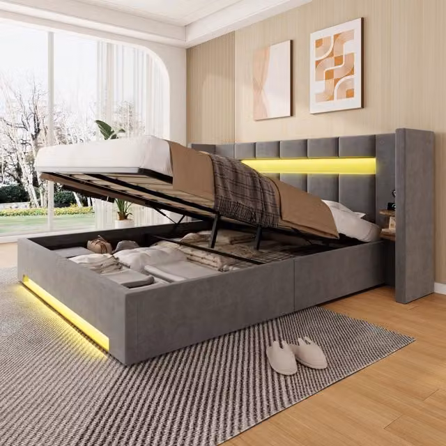 Letto 160x200 cm con contenitore; LED e USB in velluto grigio scuro