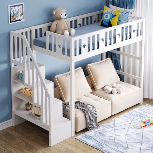 Letto a soppalco 90x200 cm in legno massello con scala e scaffali; bianco