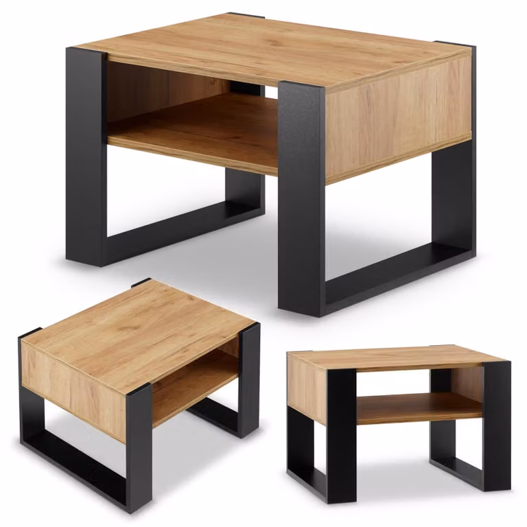Tavolino da salotto - 65 cm di larghezza - 45 cm di altezza - Legno massello di quercia - Gambe nere -