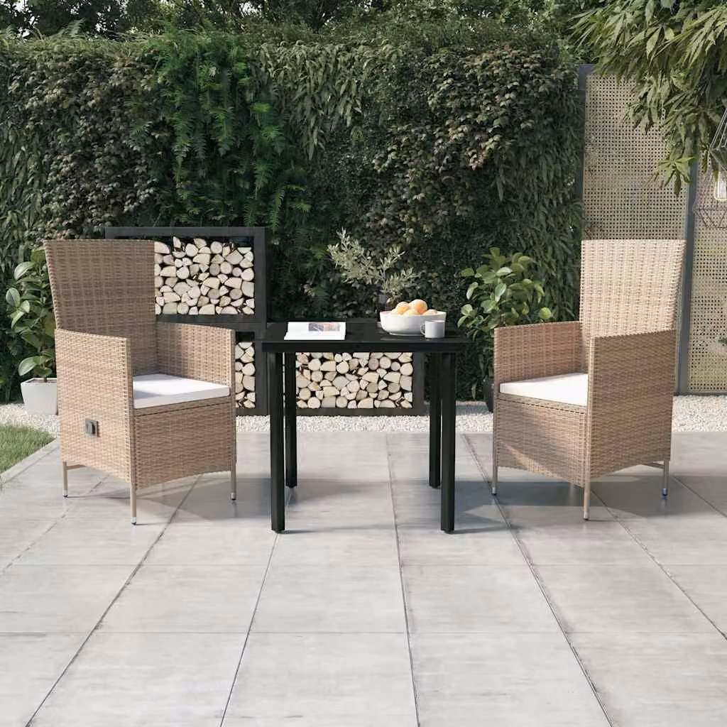 Set da pranzo da giardino vidaXL in polyrattan con cuscini beige e tavolo in vetro per terrazzo o giardino