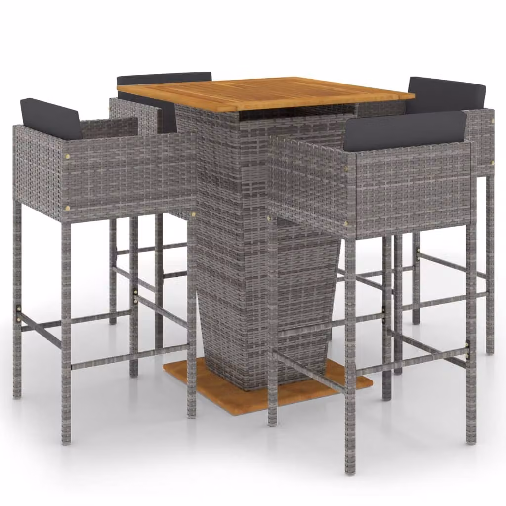 Set da Bar da Giardino 5 pz con Cuscini in Polyrattan Grigio