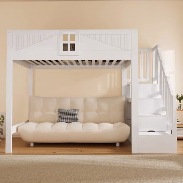 Letto a Soppalco 140x200 in Legno Massello con Scala Contenitore Reversibile e Barriera di Sicurezza; Letto Multifunzionale Bianco per Cameretta