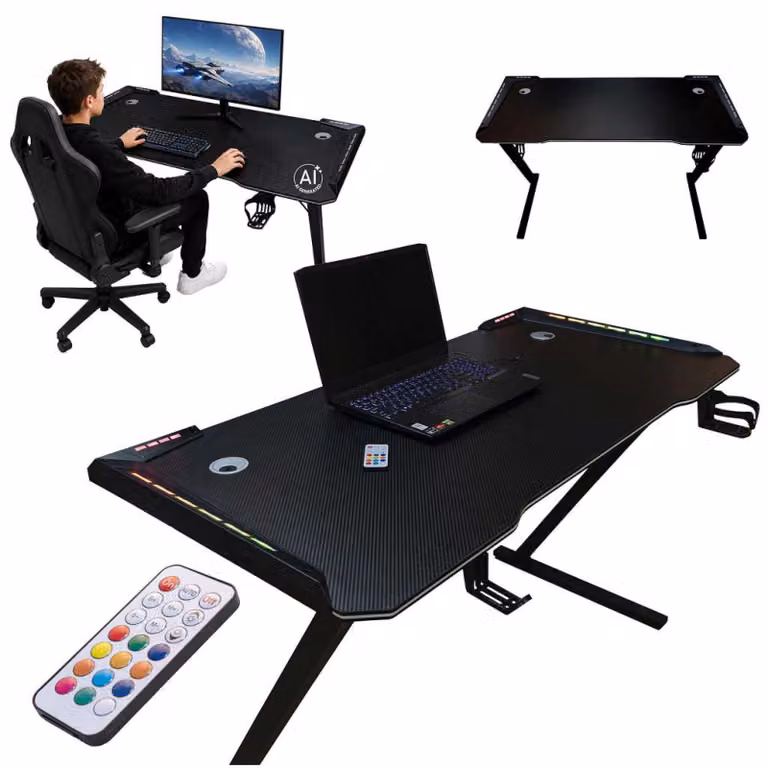 Tavolo da gioco LED con illuminazione RGB, supporti per computer, ideale per giocatori, dimensioni 120x60 cm