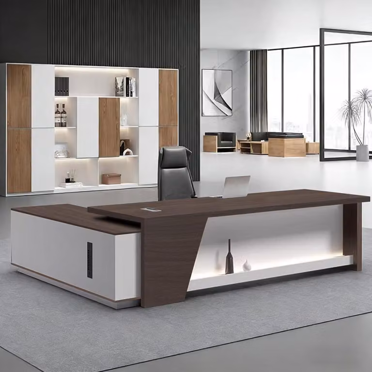 Scrivania a forma di L con spazio contenitivo, dimensioni 190x80x75 cm, colore nero e bianco