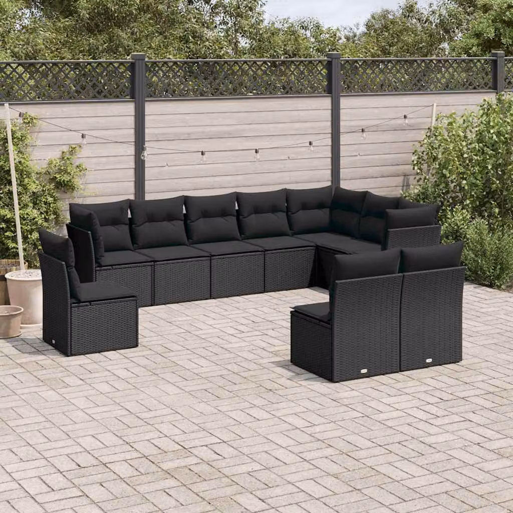 vidaXL Set di Divani da Giardino a Forma di U con 10 Pezzi in Polyrattan Nero e Cuscini Imbottiti – 1