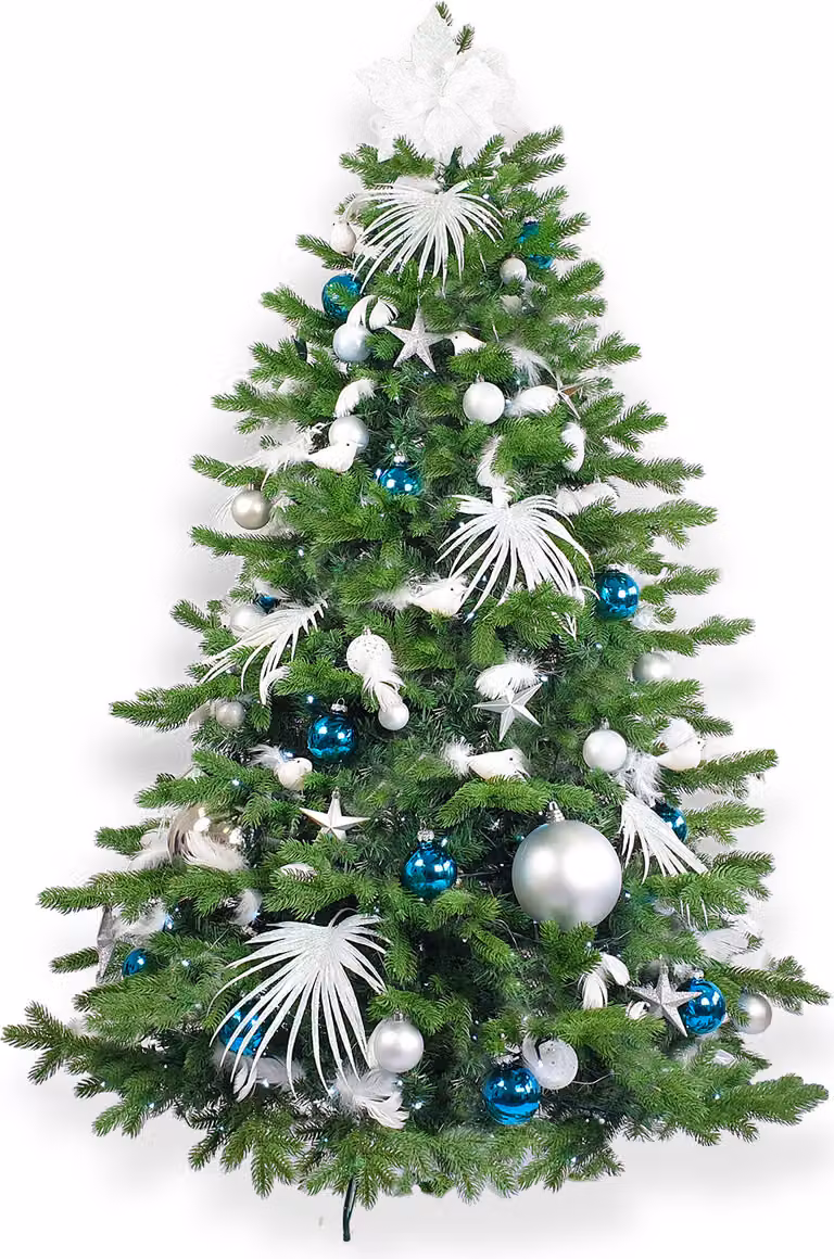 Albero di Natale artificiale decorato con 215 ornamenti BLU POLARE II 300 cm con supporto e ornamenti natalizi
