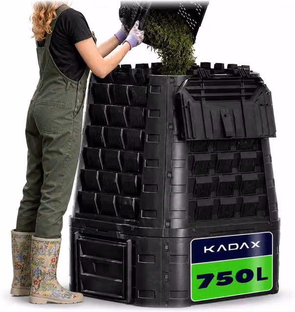 Compostiera da giardino modulare Kadax in plastica nera da 750L, resistente al gelo, L: 120 cm, P: 91,5 cm – 1