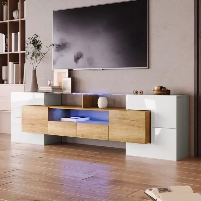 Mobile TV moderno REDOM in MDF bianco lucido e legno con illuminazione LED integrata L: 200 cm, P: 35 cm, H: 60 cm