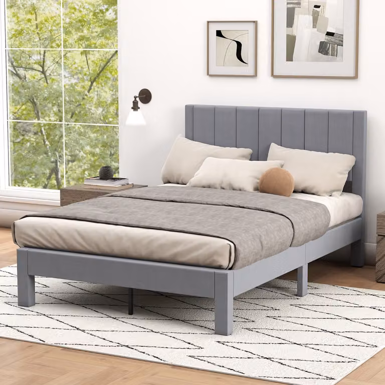 Letto matrimoniale Costway con testiera in velluto e supporto doghe, modello piattaforma imbottito, Grigio, L: 140 cm, P: 200 cm