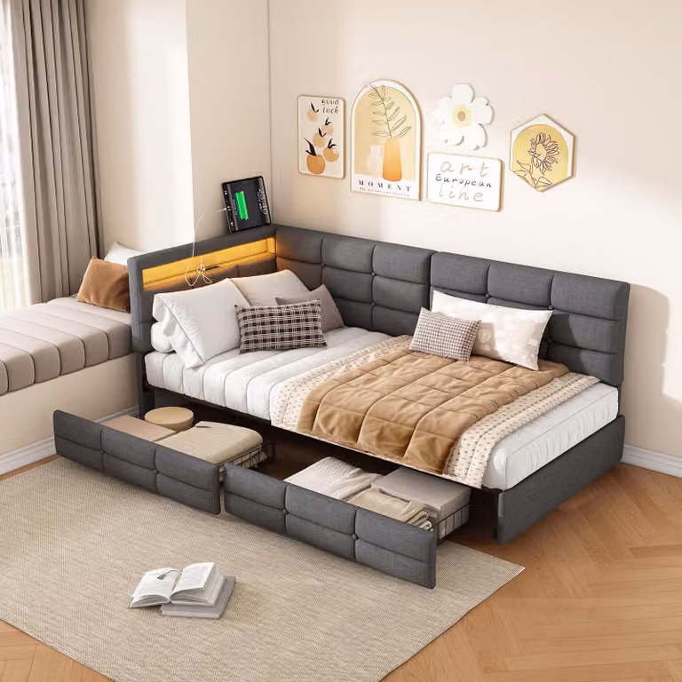 Letto imbottito divano letto 90x200, letto singolo con 2 cassetti, luce LED e funzione di ricarica USB tipo-C, letto funzionale letto per ragazzi Divano letto con rete a doghe, in lino, senza materasso, grigio
