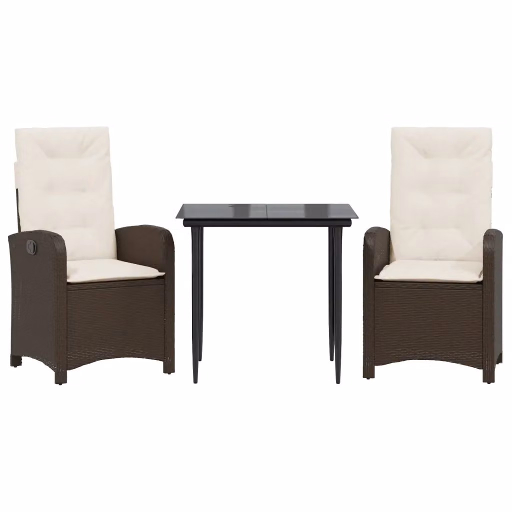 Set da Pranzo da Giardino 3pz vidaXL in Polyrattan Marrone con Cuscini e Tavolo in Vetro – 2