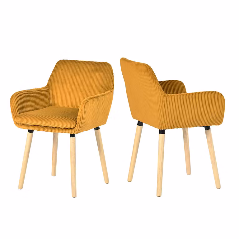 Meubles Cosy - Set di 2 sedie da pranzo in stile scandinavo con gambe in legno e braccioli gialli in velluto a coste – ELIA