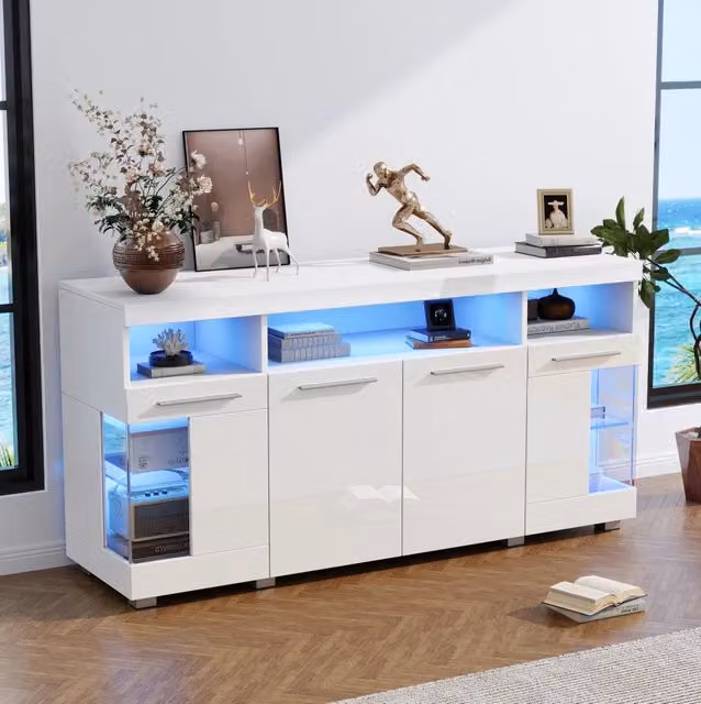 Credenza moderna per soggiorno bianca lucida con vetro temperato e illuminazione integrata L 140 x P 40 x H 70 cm