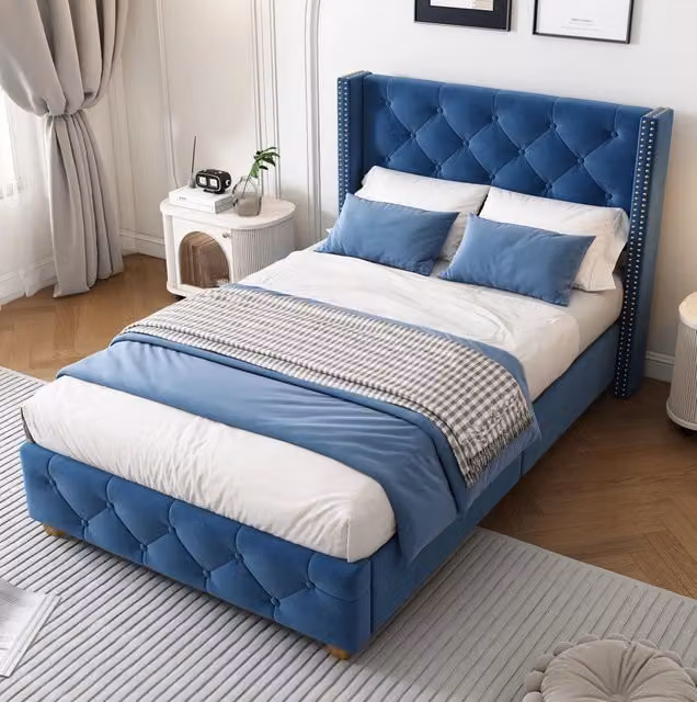 Letto imbottito in velluto blu 90x200 cm con rete a doghe e testiera capitonné