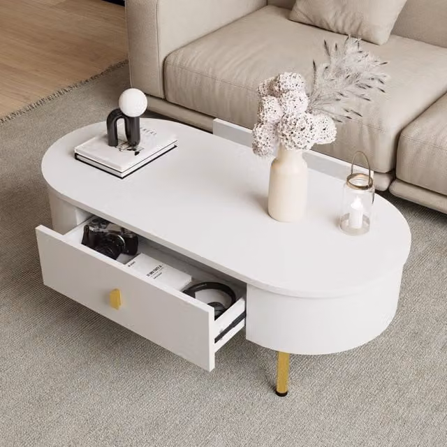 Tavolino basso fisso con 2 cassetti in MDF bianco e oro gambe cilindriche bordi arrotondati 108 × 50 × 40 cm