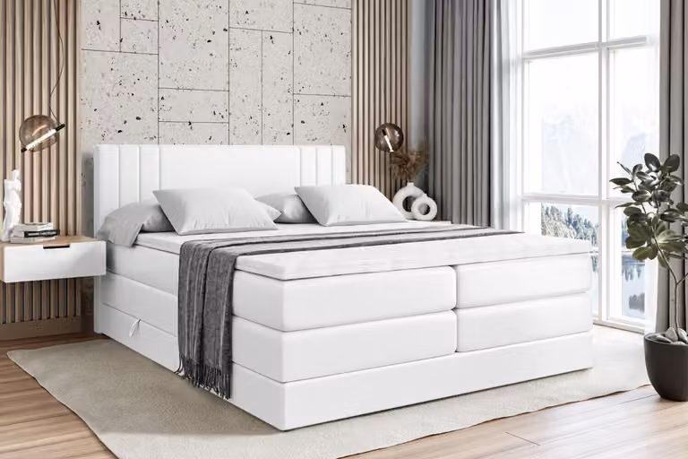 Letto boxspring ALTDECOR con 2 materassi e topper - 140x200 cm - IDRIKO KING - Pelle finta bianca - Letto imbottito con materassi H3 e H4, contenitore e rete a doghe, letto con spazio contenitivo